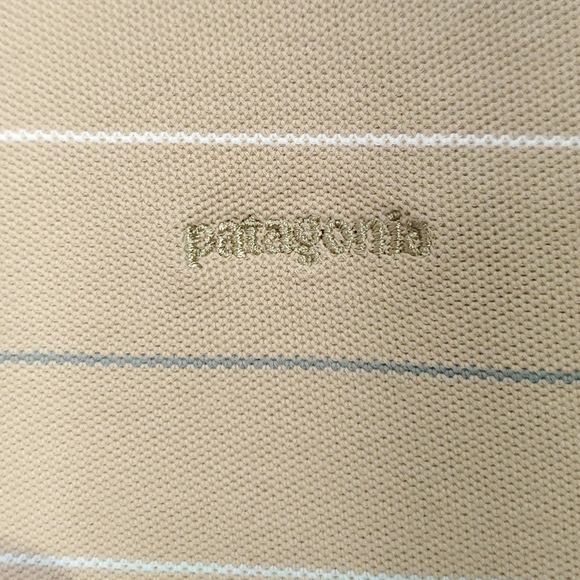 Patagonia Polo Shirt Mens Short Sleeve Tan Striped Organic Cotton Size Medium - Picture 2 of 10